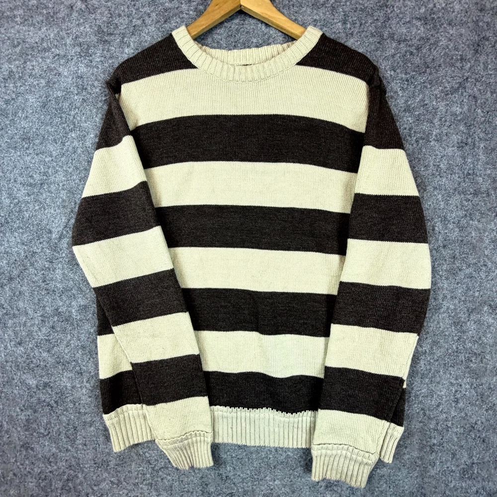 Carbon Jean Co Sweater Men XL Brown Cream Striped Knitted Acrylic 90s Winter